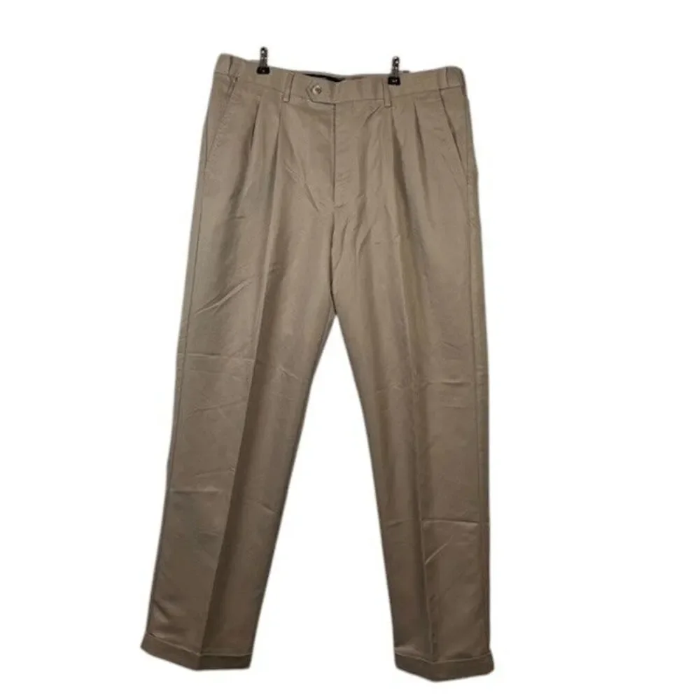Perry Ellis Tan Dress Slacks Trousers Cuffed Pleated Pockets Size‎ 34x32
